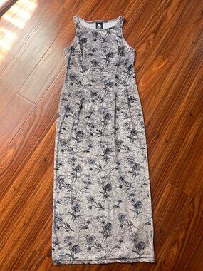 Up Front 90s/Y2K Vintage Silver Crushed Velvet Daisy Floor Length Sheath Dress L